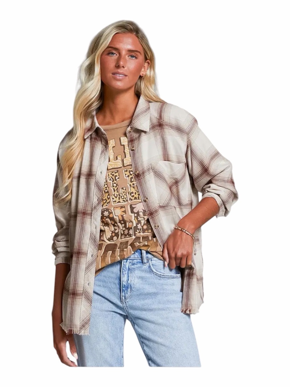 BKE Boyfriend Plaid Women's Shirt Neutral Oversized Flannel Button Down | Sz. S